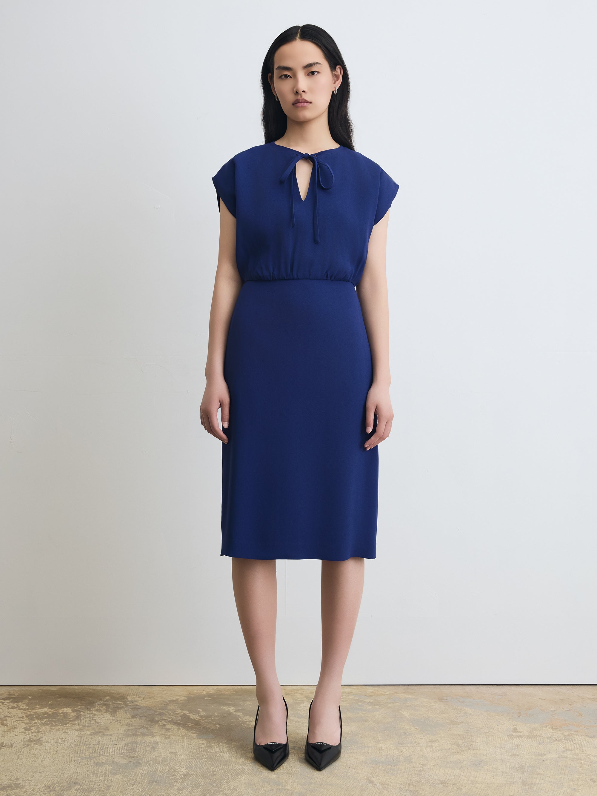 Camille Front Neck Tie Dress in Satin-Back Crepe
