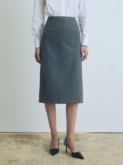 Grey Prince of Wales wool pencil skirt by Judith & Charles.