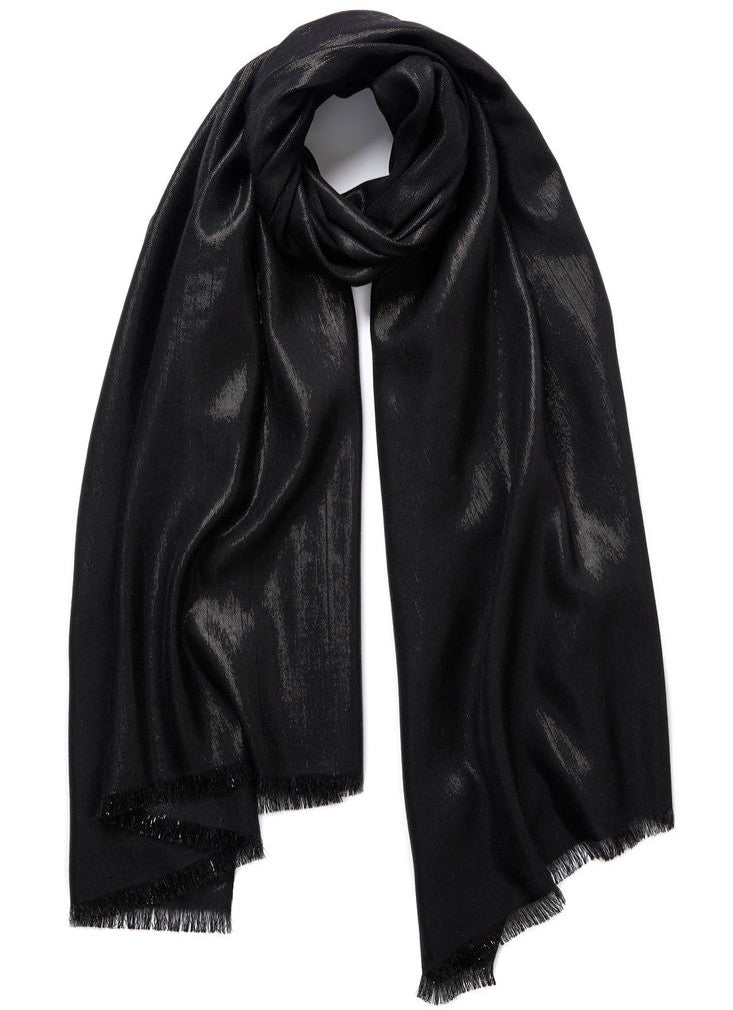 Jane Carr x Judith and Charles scarf, black, dark silver metallic threads woven through navy cashmere, hand-frayed ends, lustrous liquid metal effect