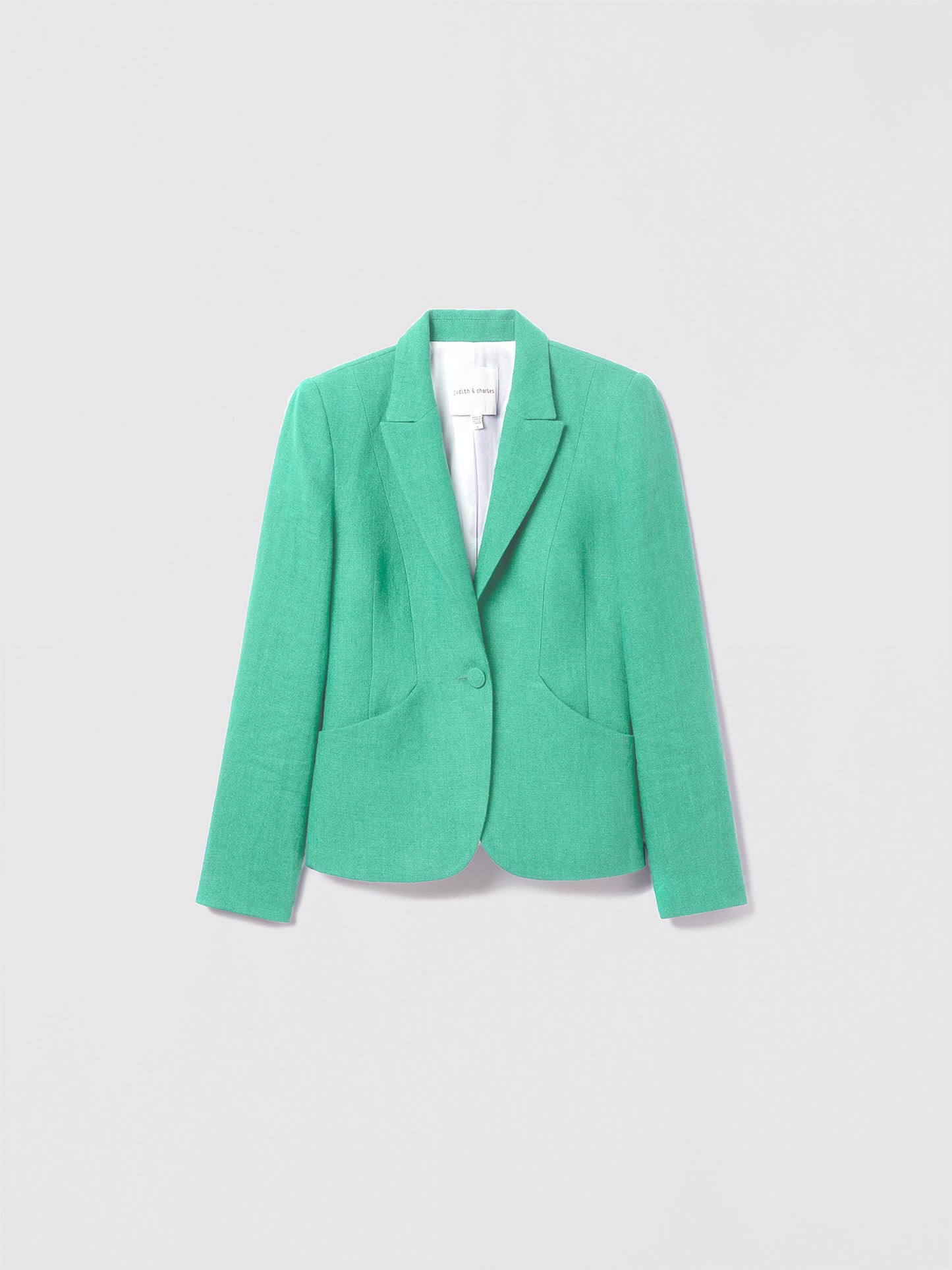 Judith and Charles Aken Jacket – Fitted Single Breasted Jacket in Washed Italian Linen with Notch Lapel, Front Pockets, 100% Linen with 100% Cotton Full Lining, Made in Portugal – 24” Back Length (Style 029-1973) in color seafoam