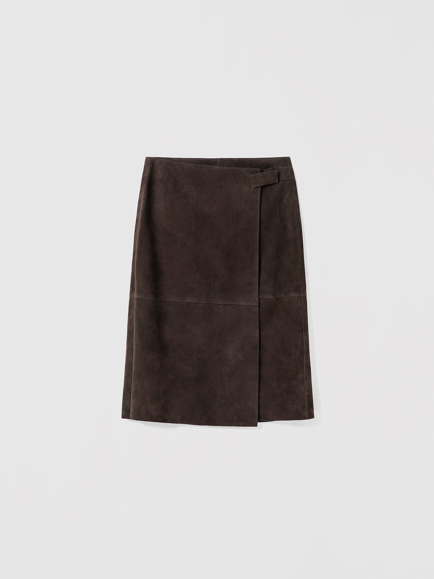 Flat lay of mid-rise wrap skirt in 100% chocolate suede, unlined and made in Turkey