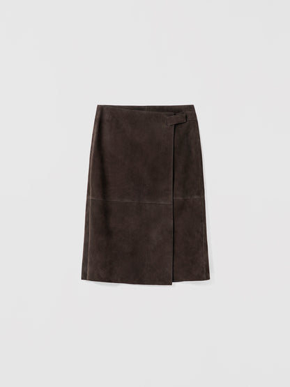 Flat lay of mid-rise wrap skirt in 100% chocolate suede, unlined and made in Turkey