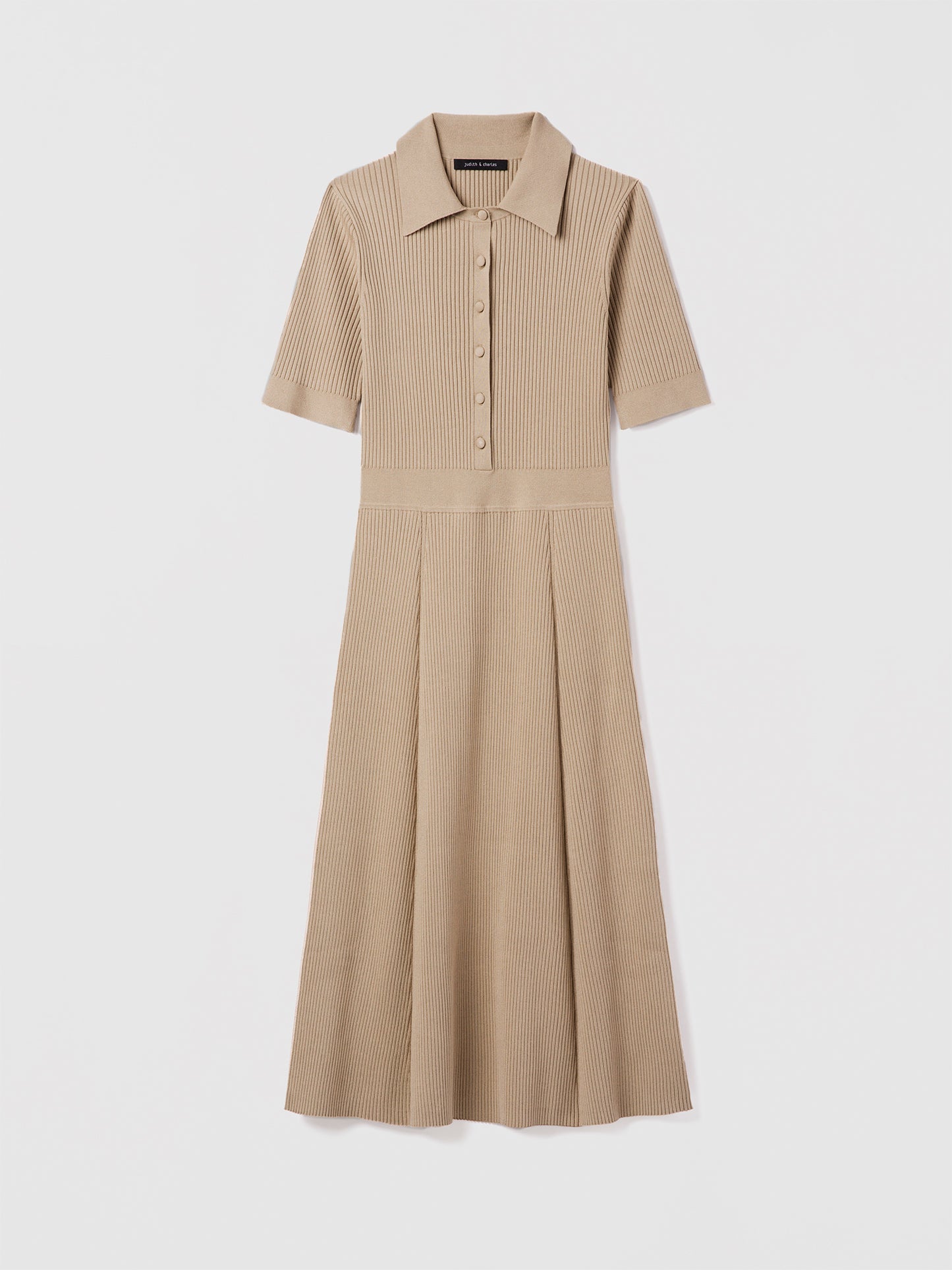 Judith and Charles Bates Dress in color Sand – short-sleeve ribbed polo dress with spread collar, self-covered button-front, and A-line silhouette; 45″ back length
