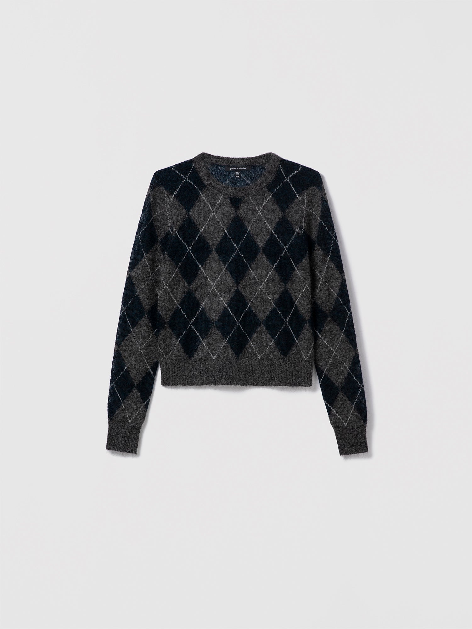 Judith & Charles charcoal combo mohair sweater — long sleeve crew neck with argyle front pattern