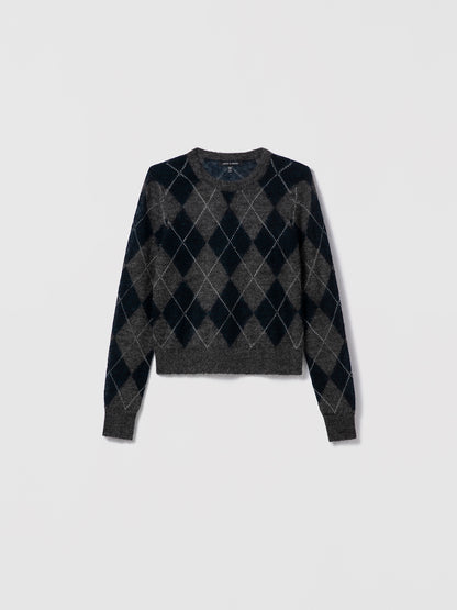 Judith & Charles charcoal combo mohair sweater — long sleeve crew neck with argyle front pattern