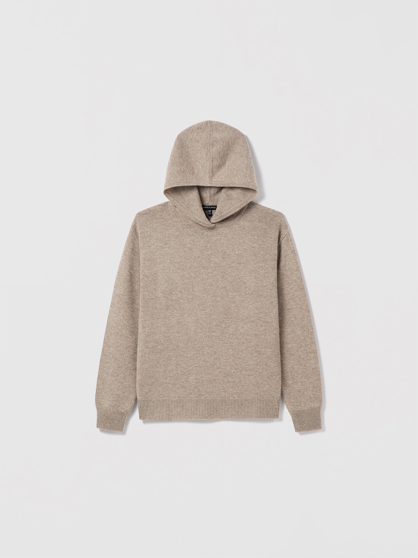 Judith & Charles long-sleeve hooded sweater in taupe melange Italian merino-cashmere, featuring a relaxed true-to-size fit.