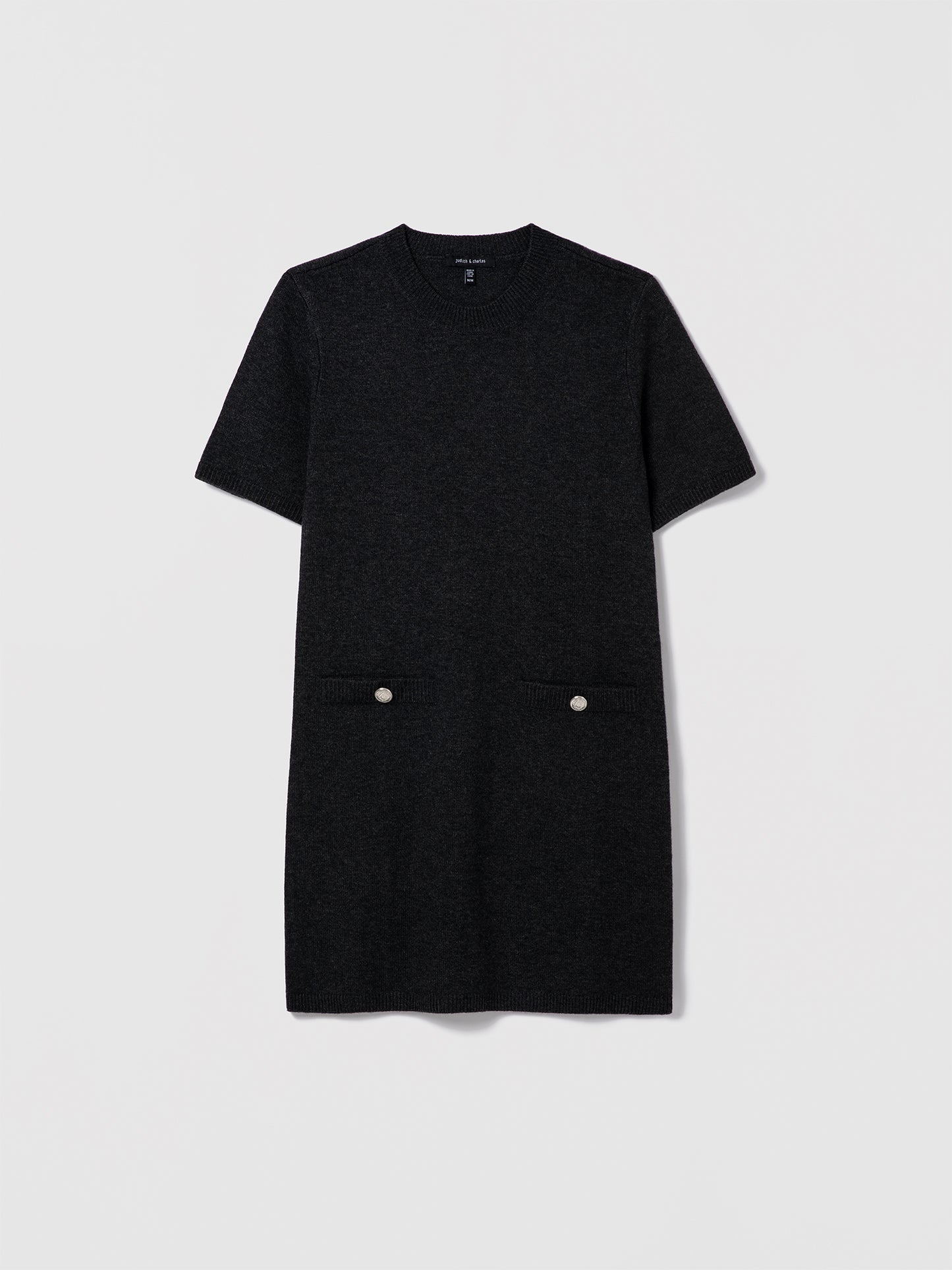 Charcoal wool-cashmere short-sleeve Milano knit dress with crew neck and two buttoned welt pockets by Judith & Charles