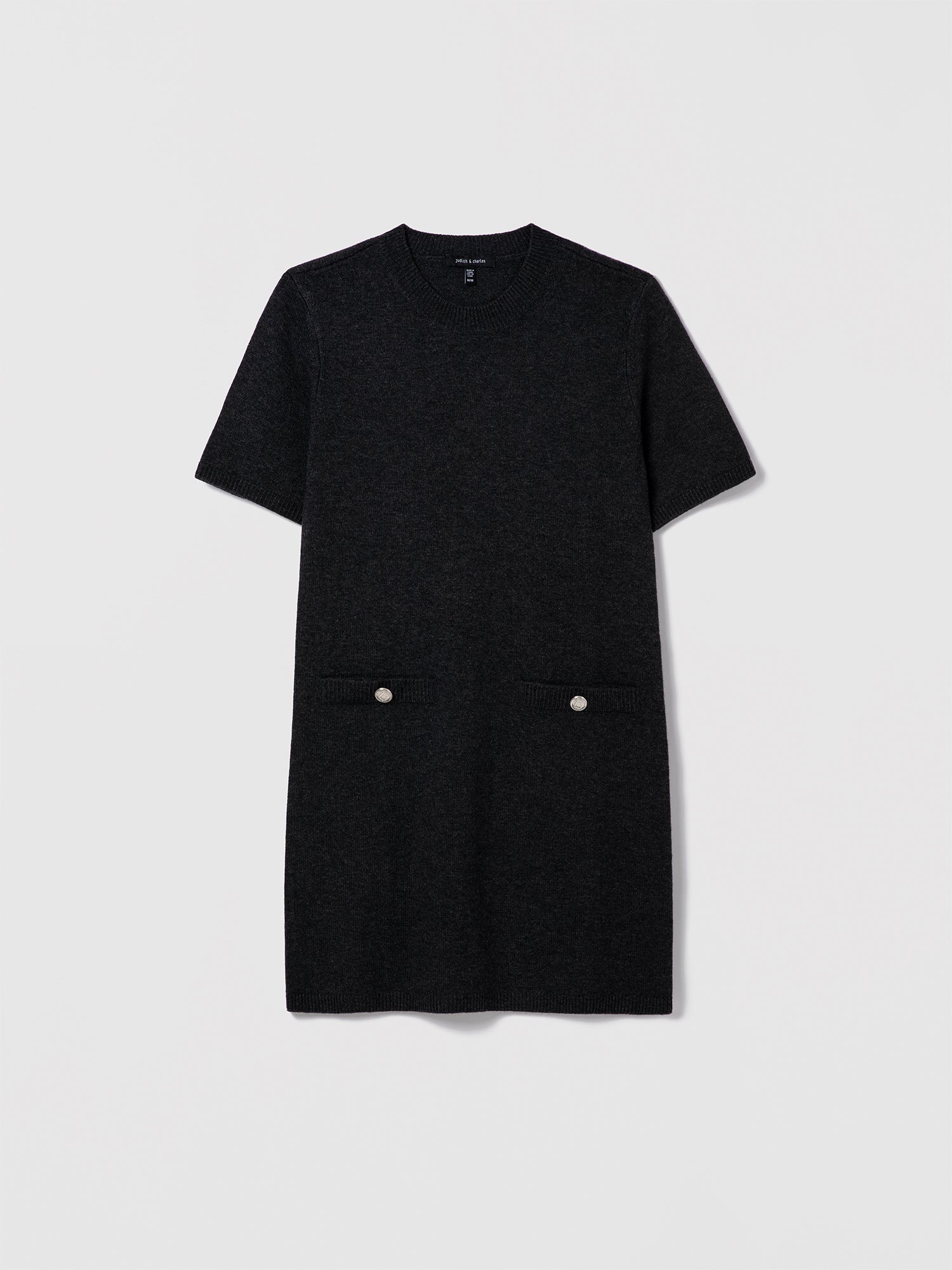Charcoal wool-cashmere short-sleeve Milano knit dress with crew neck and two buttoned welt pockets by Judith & Charles