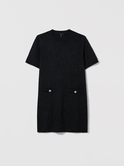 Charcoal wool-cashmere short-sleeve Milano knit dress with crew neck and two buttoned welt pockets by Judith & Charles