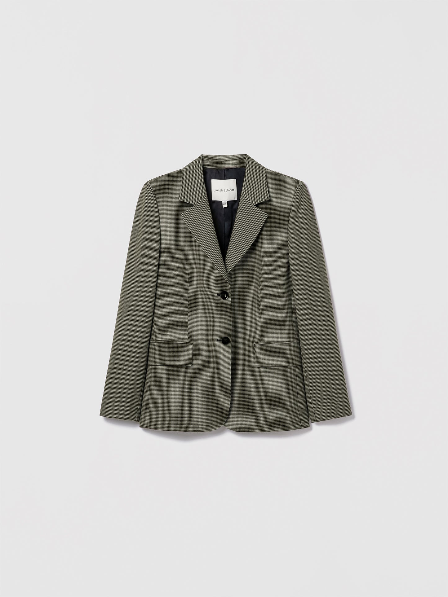 Black camel single-breasted Dax jacket in mini houndstooth by Judith and Charles, notch lapel, flap pockets, sleeve vent with 3 buttons, made in Portugal with Italian fabric