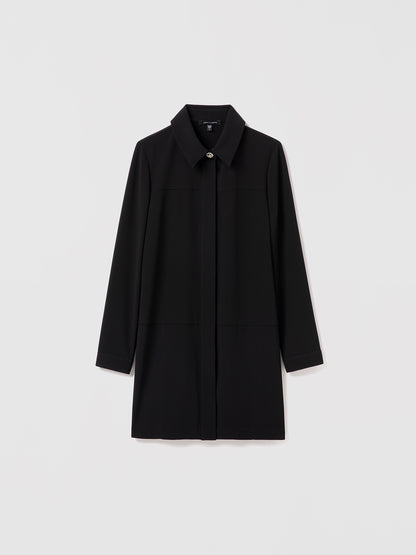 Black Edina B mini dress by Judith and Charles, long sleeve straight style in satin back crepe with shirt collar and jewel buttons. Made in Canada with Japanese fabric.