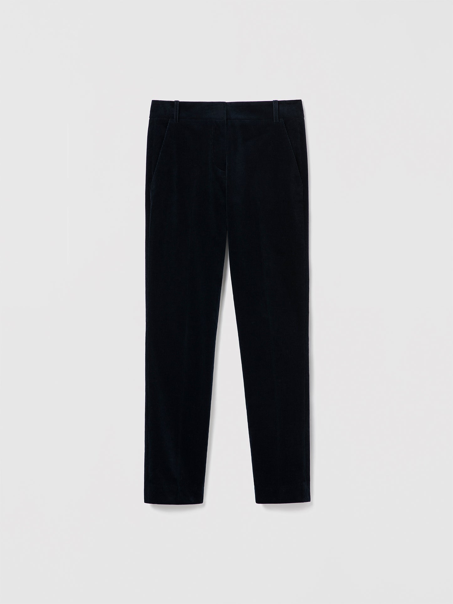 Navy colored slim pant in unlined cotton stretch corduroy fabric by Judith & Charles