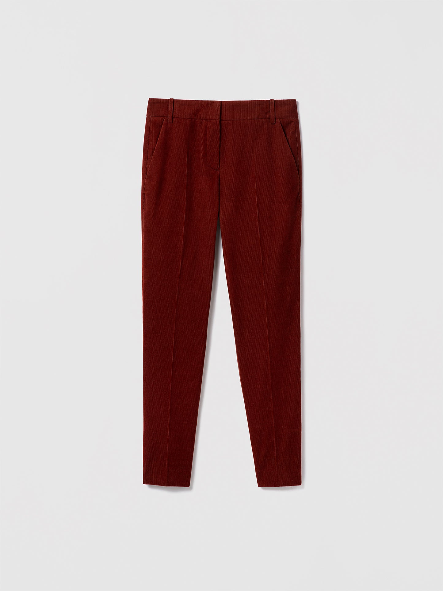 Rust colored slim pant in unlined cotton stretch corduroy fabric by Judith & Charles