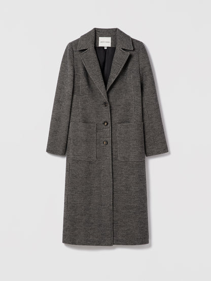Grey Prince of Wales long coat by Judith & Charles in Loro Piana wool.