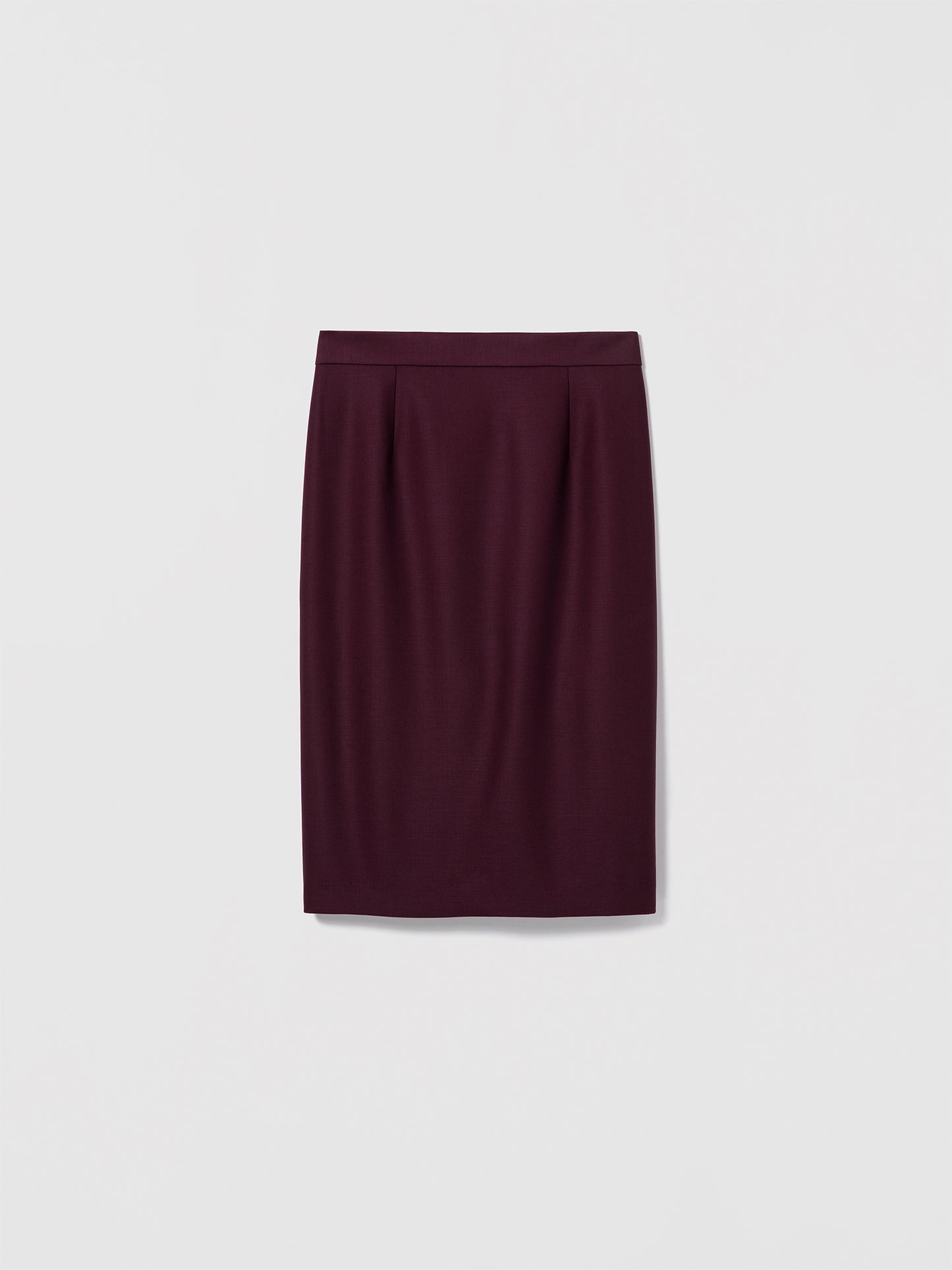 Dark Cherry fitted pencil skirt by Judith & Charles in stretch suiting fabric, featuring a clean waist, invisible back zipper, back slit, and full lining.