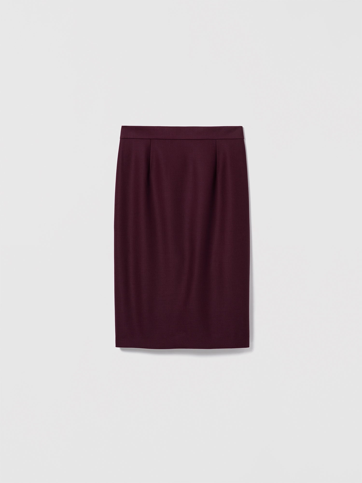 Dark Cherry fitted pencil skirt by Judith & Charles in stretch suiting fabric, featuring a clean waist, invisible back zipper, back slit, and full lining.