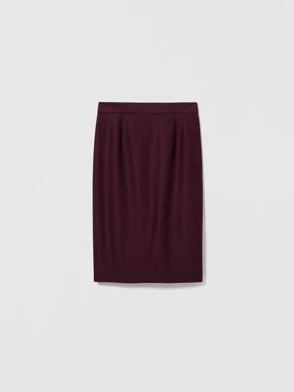 Dark Cherry fitted pencil skirt by Judith & Charles in stretch suiting fabric, featuring a clean waist, invisible back zipper, back slit, and full lining.