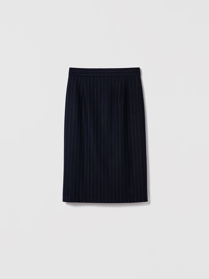 Judith & Charles navy pinstripe pencil skirt with clean waist, invisible back zipper, and back slit. Fully lined, made in Canada in stretch suiting fabric.