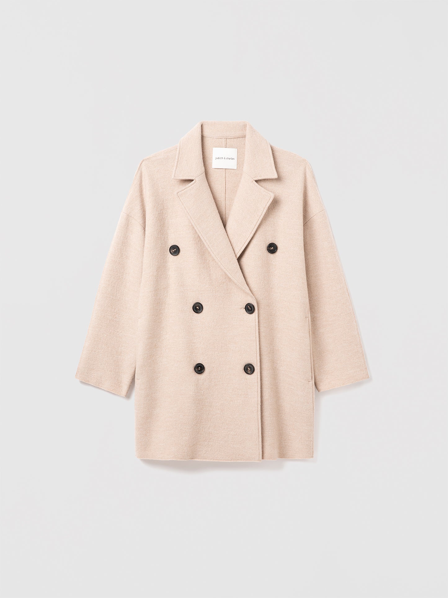 Judith & Charles wheat-colored double-breasted boiled wool coat, made in Canada.