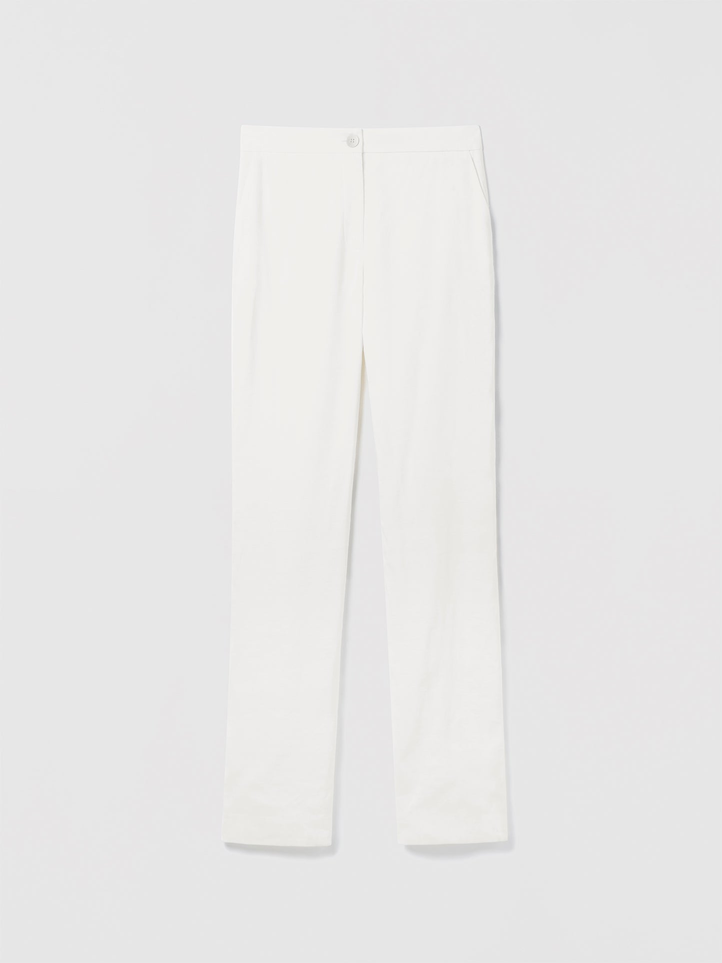 Judith and Charles off white Jonas Pant – high-waisted, wide-leg pant with slash pockets, back reese pockets, and front button-and-zip closure; 34″ inseam; made in Portugal