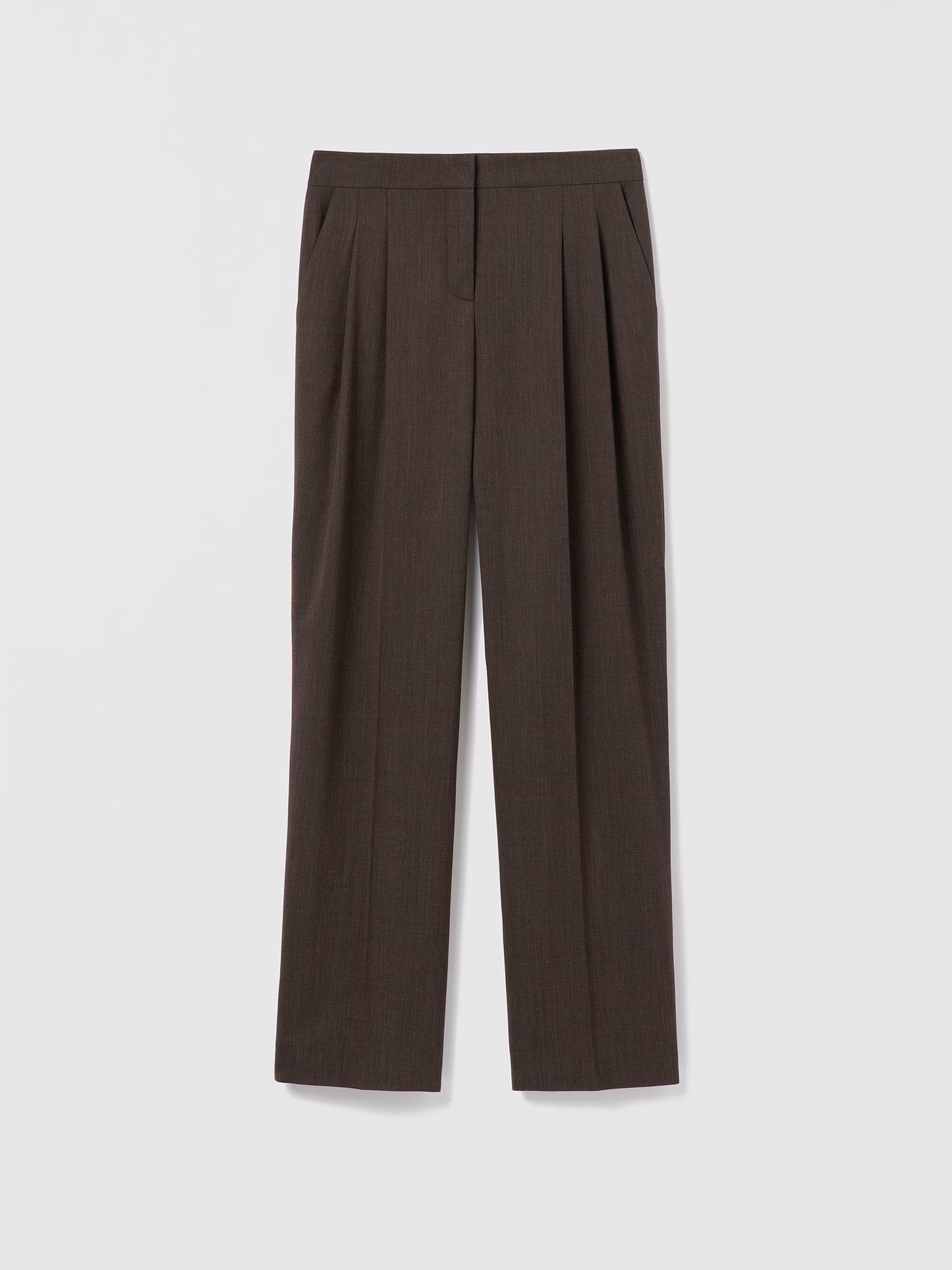 Flat lay of low-rise pleated wool pant in taupe melange with side slash pockets and belt loops