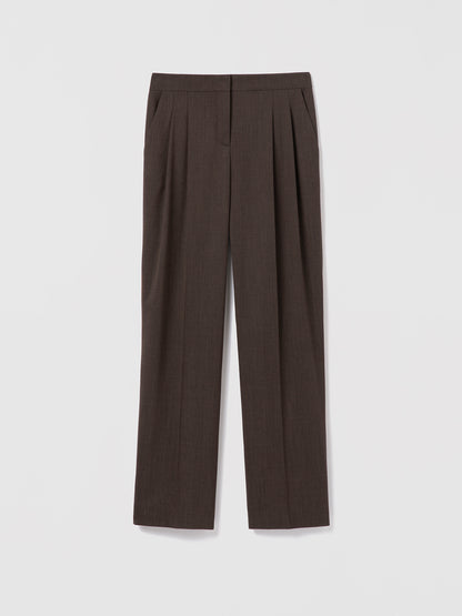Flat lay of low-rise pleated wool pant in taupe melange with side slash pockets and belt loops