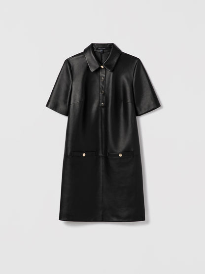 Black leather short sleeve polo dress with spread collar and welt pockets