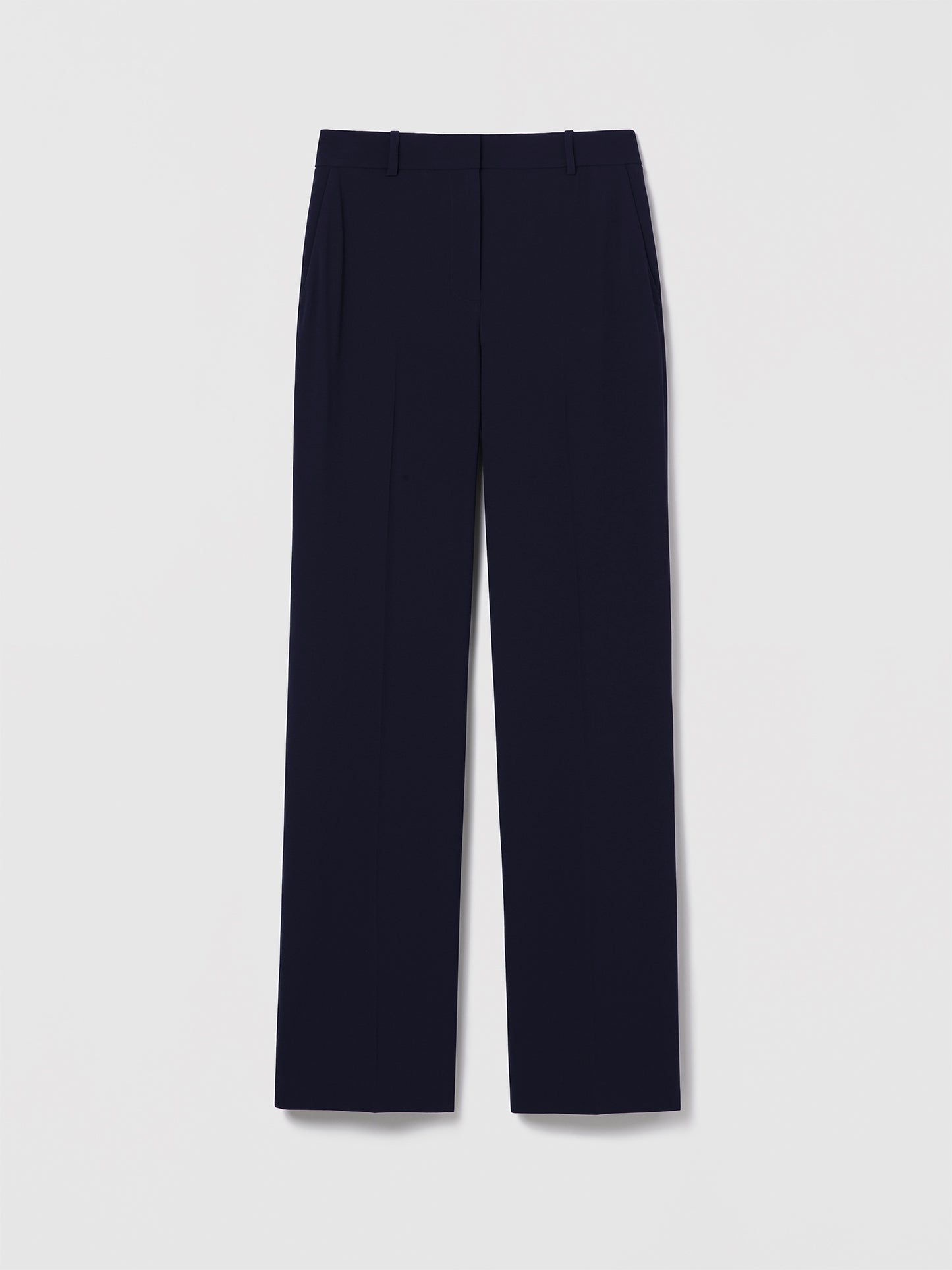 Judith & Charles Navy full-length wide-leg pant in Satin Back Crepe with a mid-rise fit. Features slash pockets, back welt pockets, clean waistband, and hook-and-eye closure with zip. Unlined, 33-inch inseam. Made in Canada with Japanese fabric. Style: Parme Pant