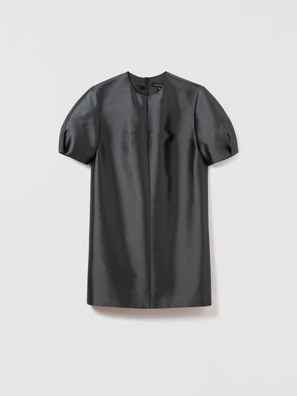 Flat lay of crew neck dress in anthracite silk-wool blend with short structured sleeves and invisible back zipper