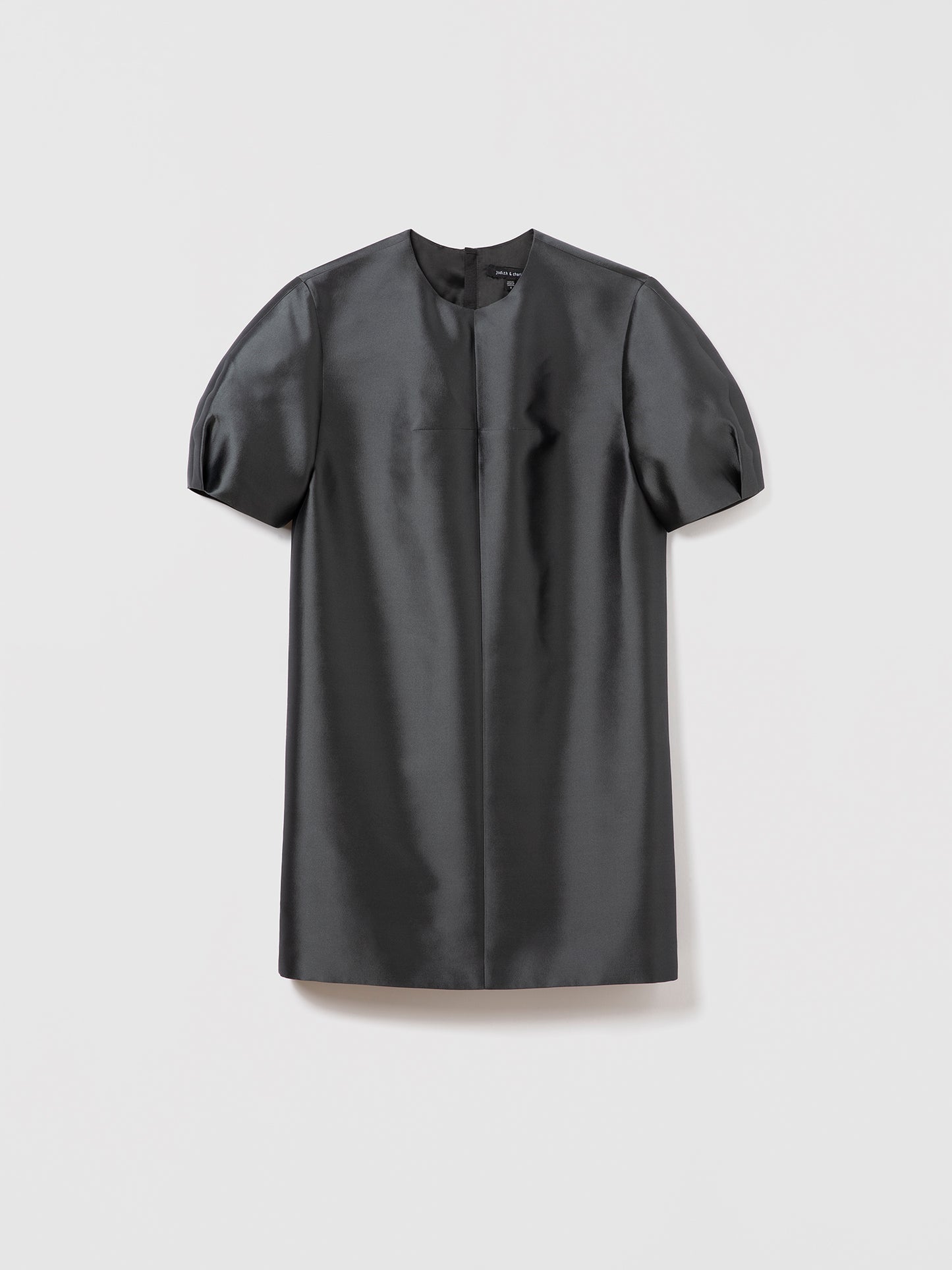 Flat lay of crew neck dress in anthracite silk-wool blend with short structured sleeves and invisible back zipper