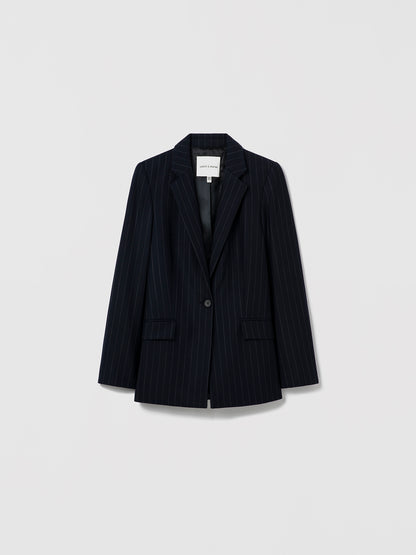 Judith & Charles navy pinstripe single-breasted blazer with notch lapel and button closure, made in Canada from virgin wool blend and fully lined in viscose.