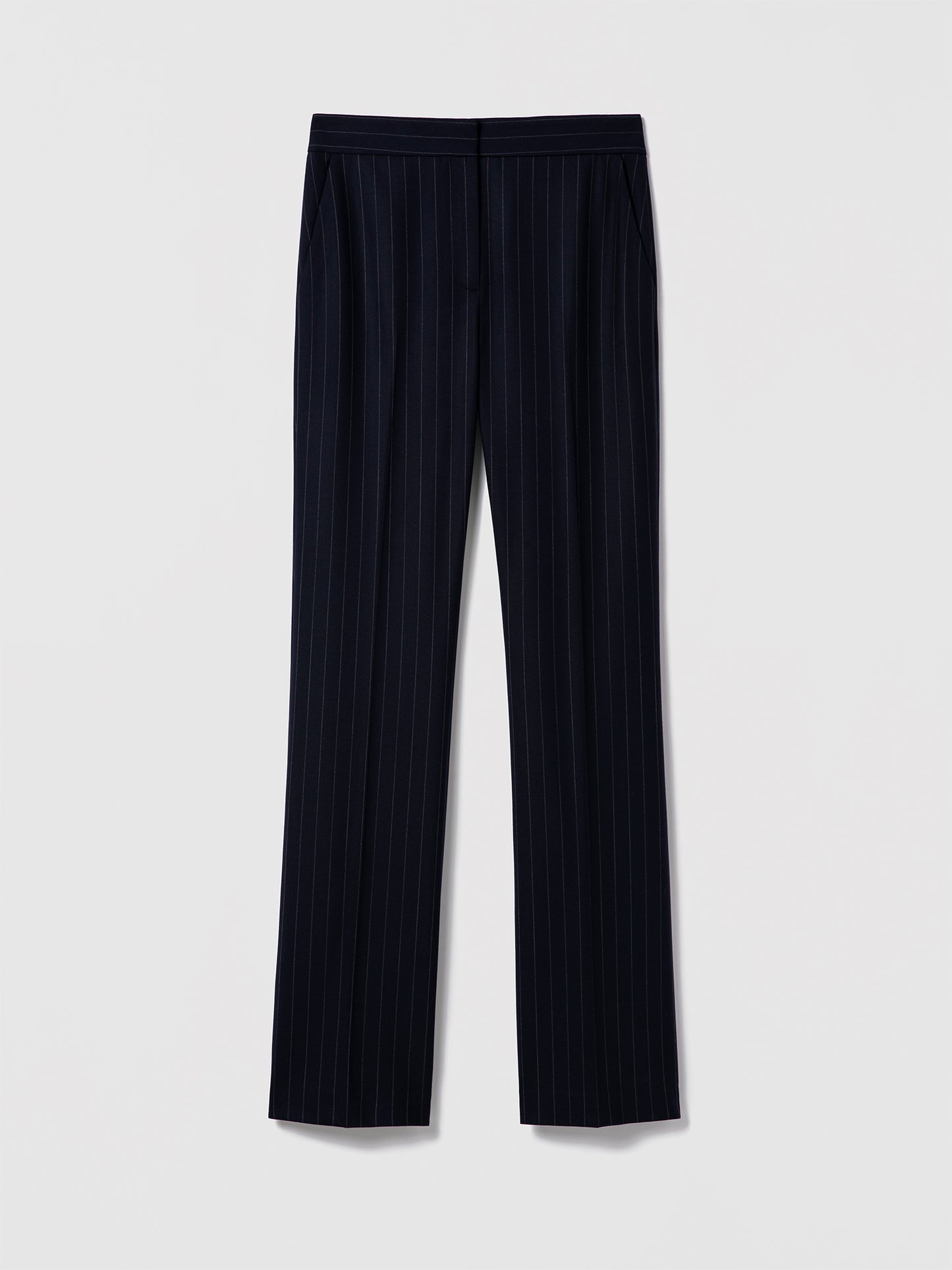Judith & Charles navy pinstripe straight-leg wool pant, unlined and made in Canada.