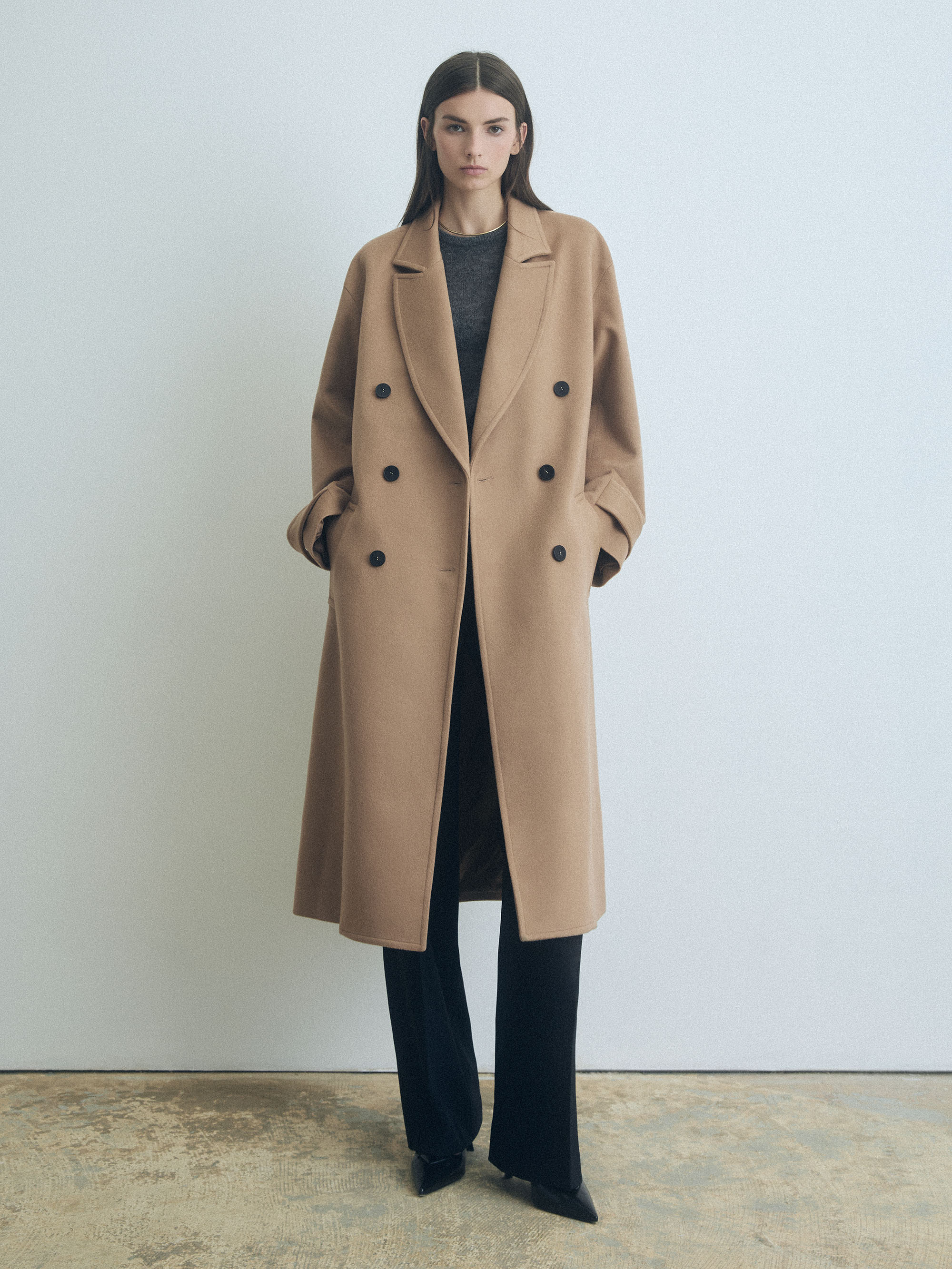 Drop Shoulder double breasted long camel coat in wool cashmere by Judith & Charles 