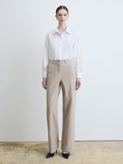 WHITE BLOUSE WITH TRIM PAIRED OF BEIGE PANTS