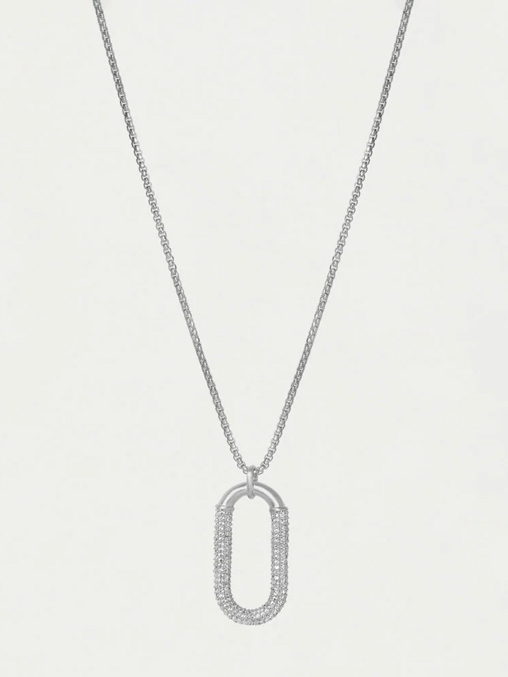 Silver necklace with an oval pendant on a light gray background