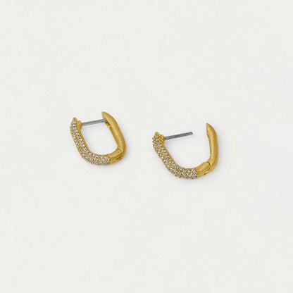 Gold hoop earrings with embedded stones on a light gray background