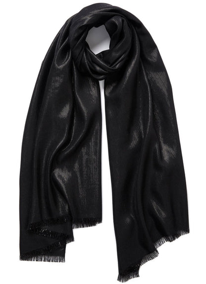 Jane Carr x Judith and Charles scarf, black, dark silver metallic threads woven through navy cashmere, hand-frayed ends, lustrous liquid metal effect