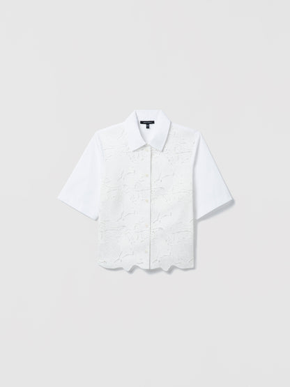 White short-sleeve floral laced blouse on a light gray background