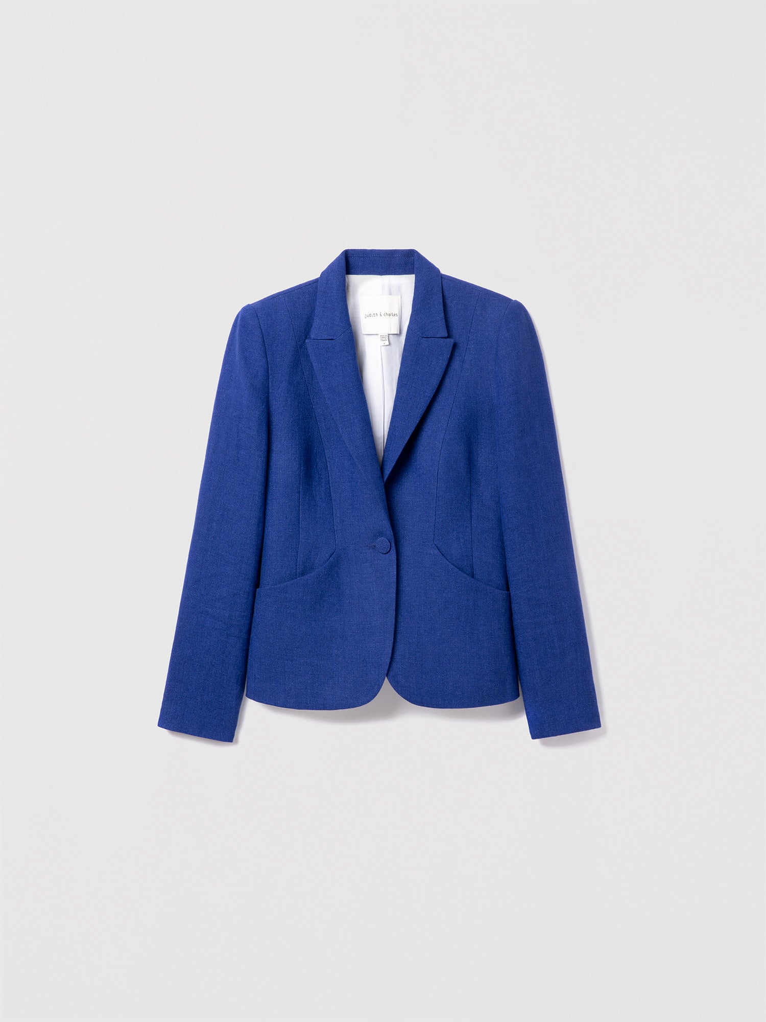Judith and Charles Aken Jacket – Fitted Single Breasted Jacket in Washed Italian Linen with Notch Lapel, Front Pockets, 100% Linen with 100% Cotton Full Lining, Made in Portugal – 24” Back Length in color royal blue