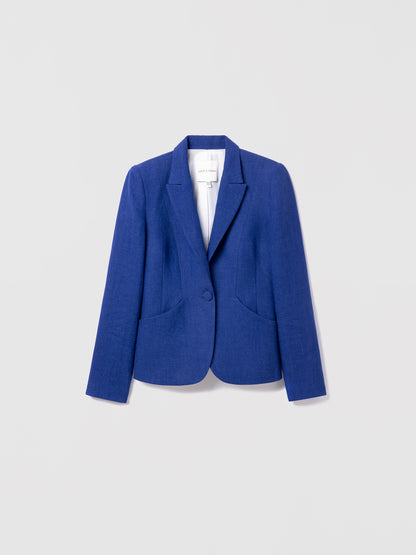 Judith and Charles Aken Jacket – Fitted Single Breasted Jacket in Washed Italian Linen with Notch Lapel, Front Pockets, 100% Linen with 100% Cotton Full Lining, Made in Portugal – 24” Back Length in color royal blue