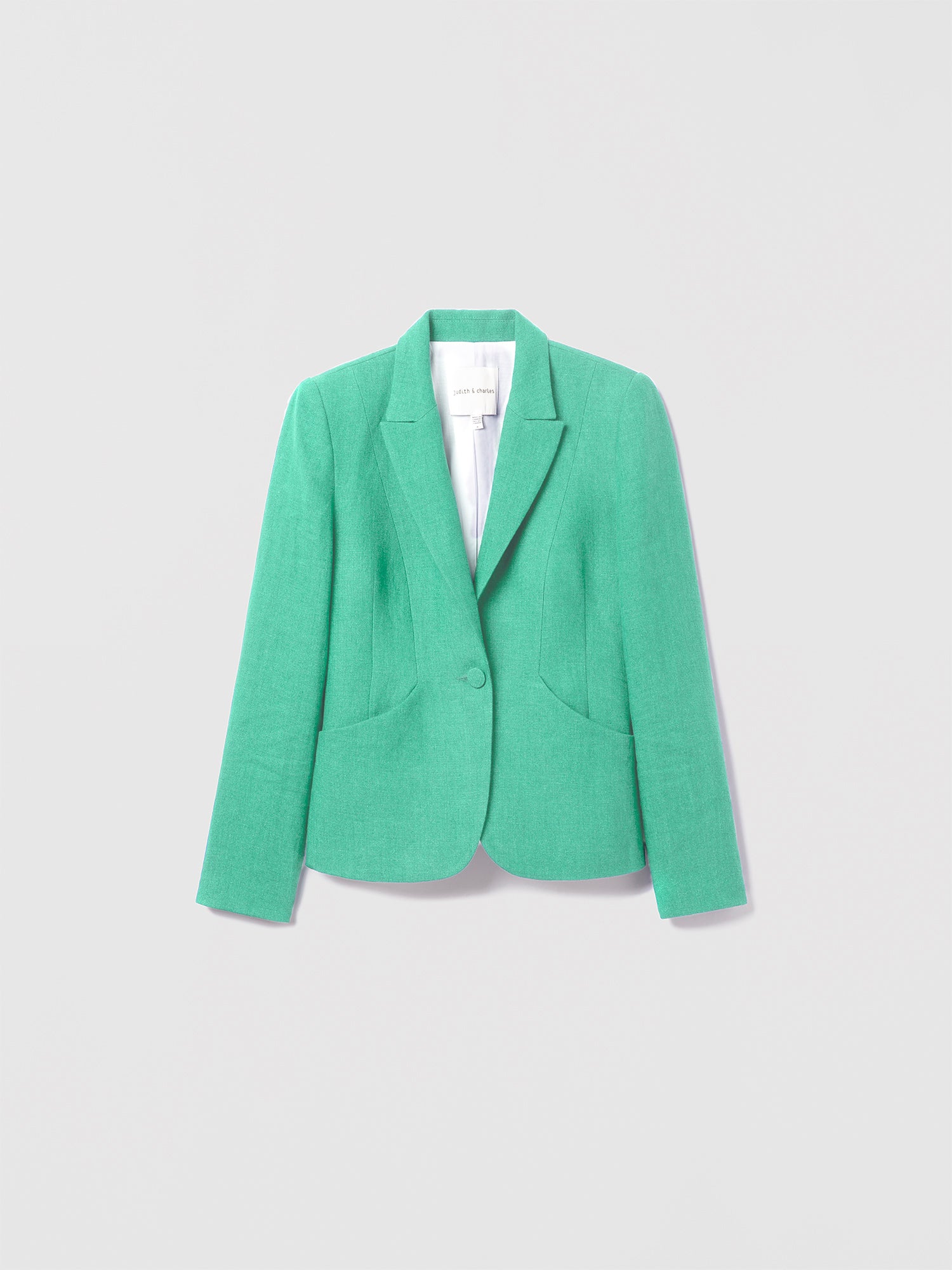 Judith and Charles Aken Jacket – Fitted Single Breasted Jacket in Washed Italian Linen with Notch Lapel, Front Pockets, 100% Linen with 100% Cotton Full Lining, Made in Portugal – 24” Back Length (Style 029-1973) in color seafoam