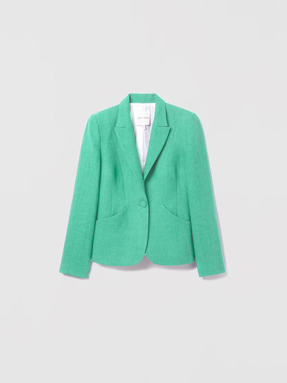 Judith and Charles Aken Jacket – Fitted Single Breasted Jacket in Washed Italian Linen with Notch Lapel, Front Pockets, 100% Linen with 100% Cotton Full Lining, Made in Portugal – 24” Back Length (Style 029-1973) in color seafoam