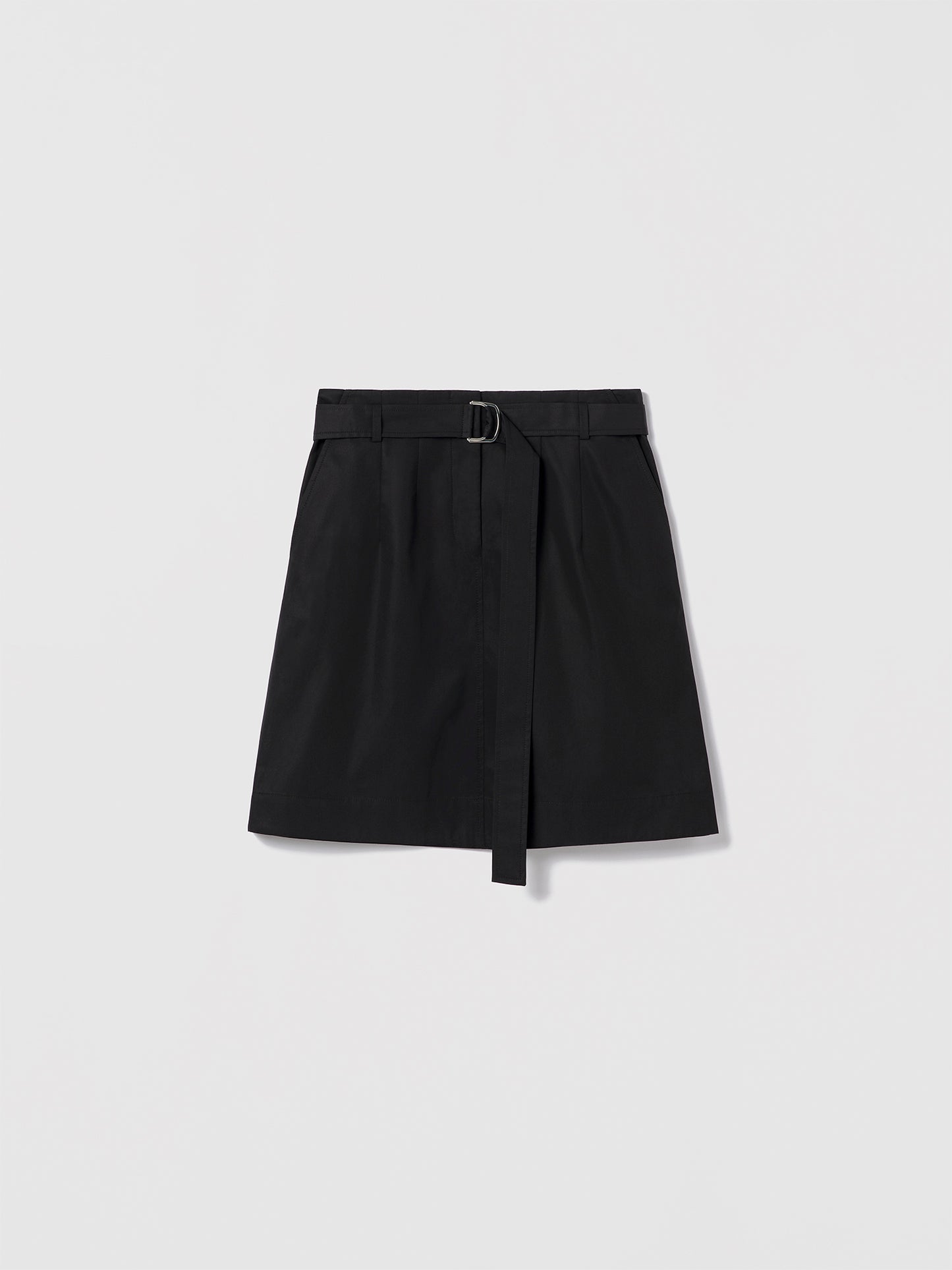 Judith & Charles black structured cotton trouser skirt featuring a front zipper, slash pockets, and a self belt with a metal buckle; unlined, made in Canada with Italian fabric, 20-inch center back length.