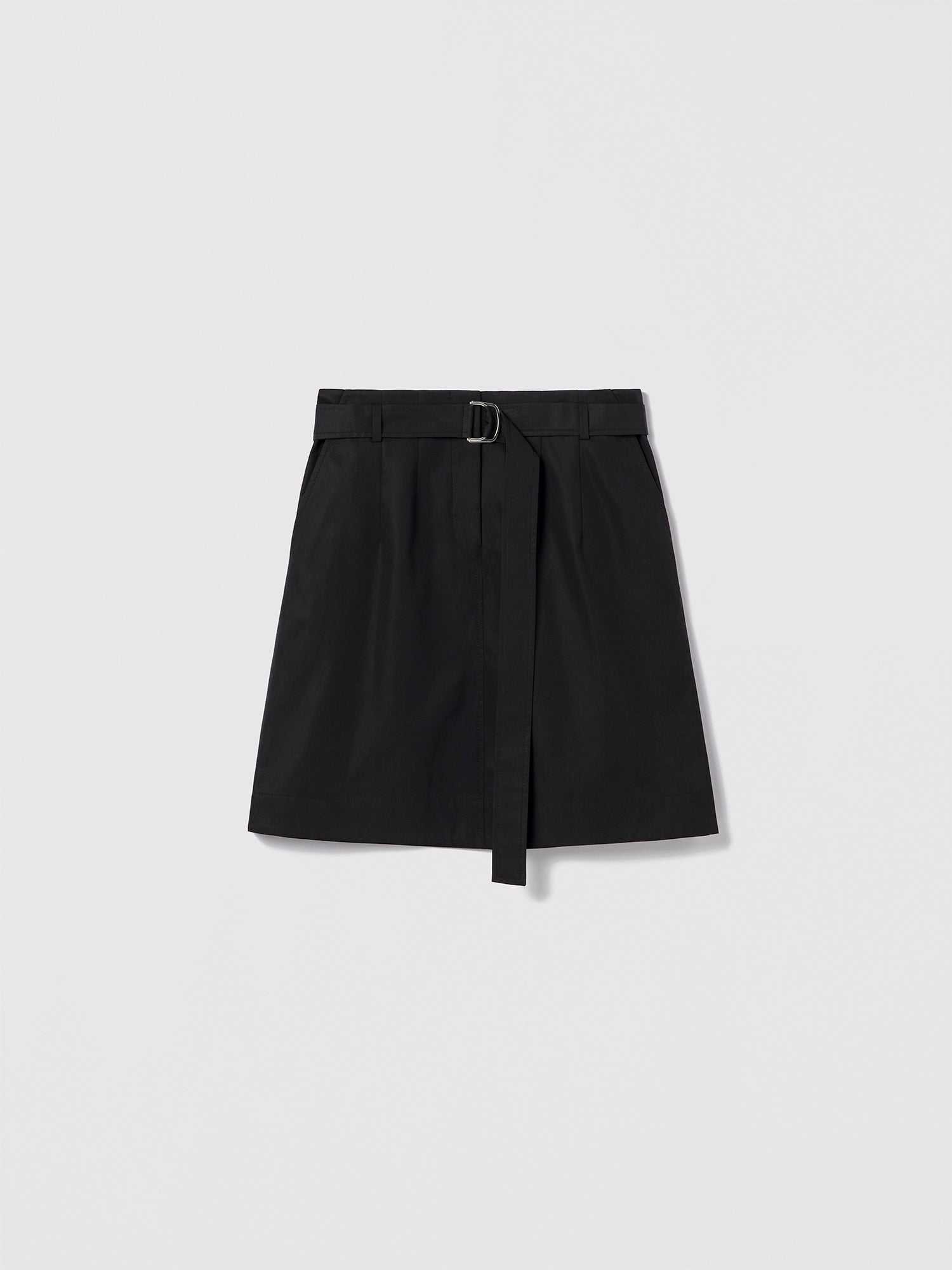 Judith & Charles black structured cotton trouser skirt featuring a front zipper, slash pockets, and a self belt with a metal buckle; unlined, made in Canada with Italian fabric, 20-inch center back length.