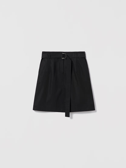 Judith & Charles black structured cotton trouser skirt featuring a front zipper, slash pockets, and a self belt with a metal buckle; unlined, made in Canada with Italian fabric, 20-inch center back length.