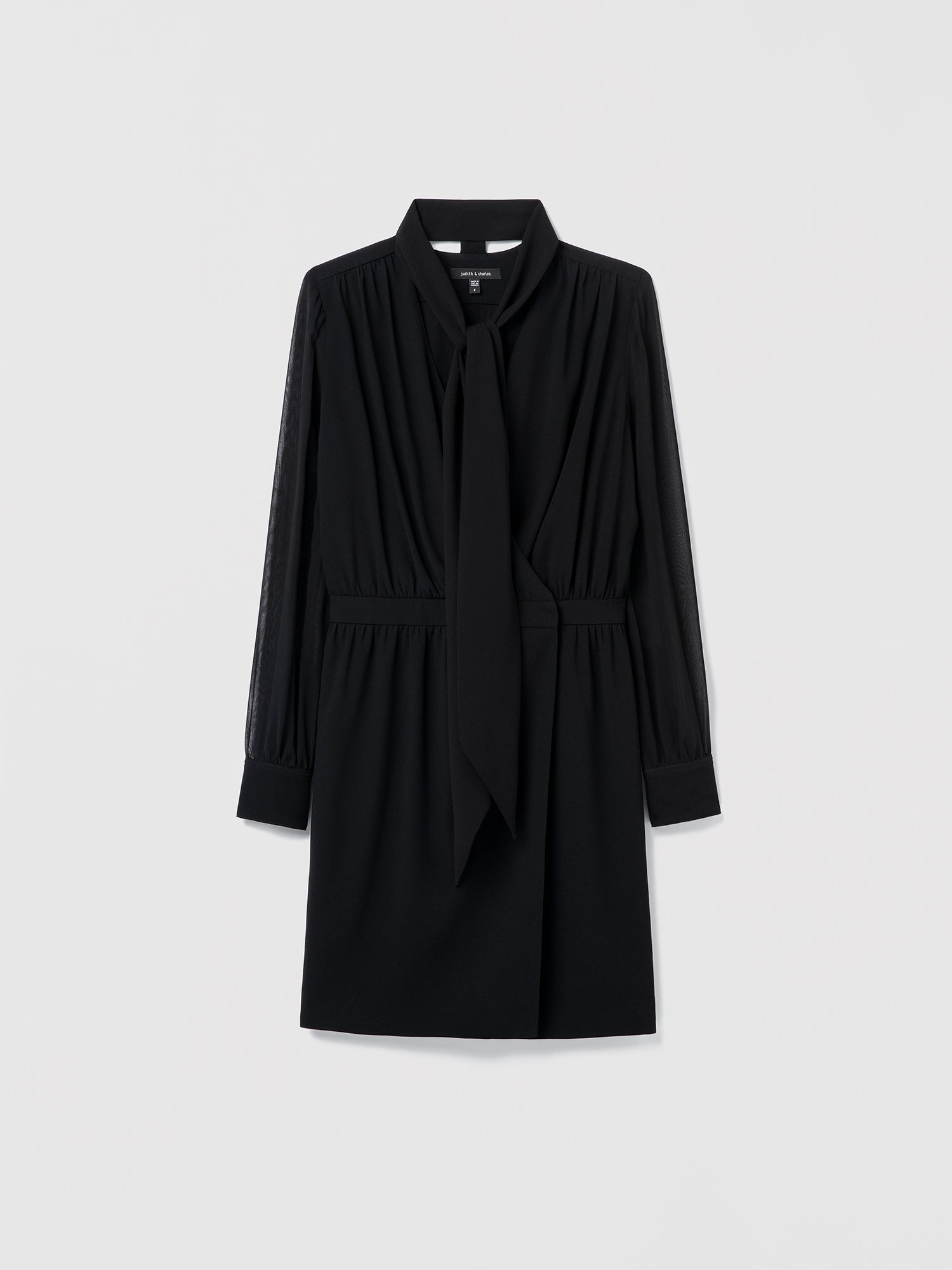 Long-sleeve wrap dress with V-neckline, gathered front and waist, silk-chiffon sleeves with cuffs, and removable neck tie