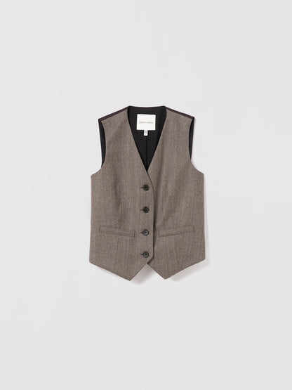 Taupe sleeveless tailored herringbone flannel vest by Judith & Charles, featuring welt pockets and a satin back.