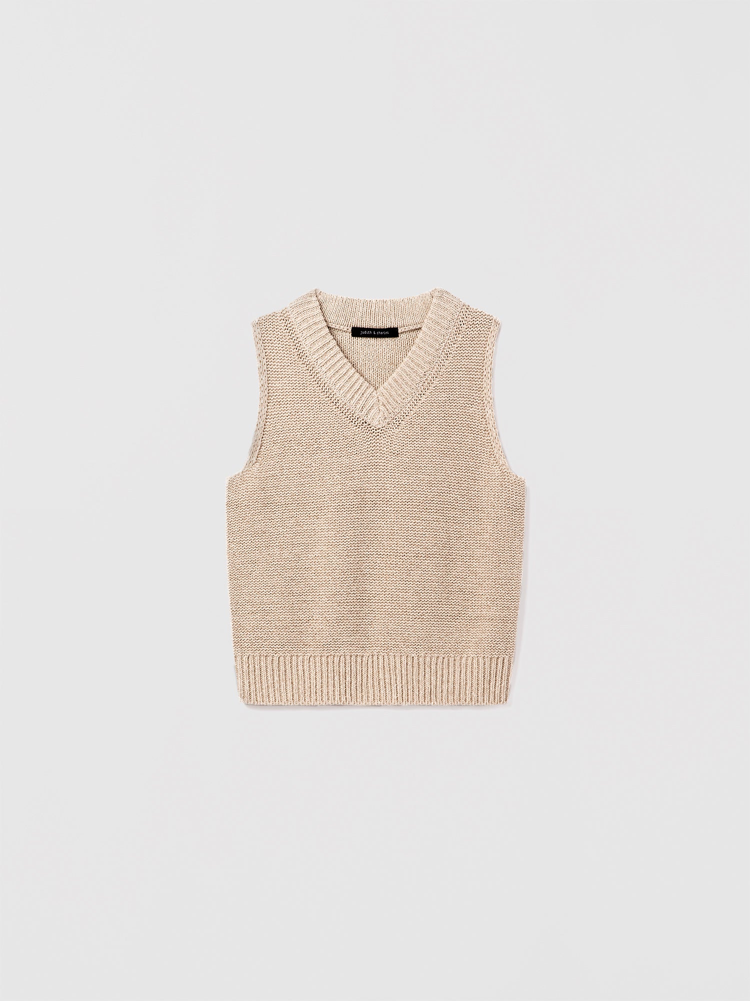 Judith and Charles Andra Sweater Vest – Cropped high V-neck vest in textured linen cotton (55% linen, 45% cotton), a refined layering essential