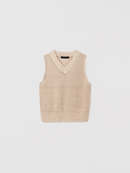 Judith and Charles Andra Sweater Vest – Cropped high V-neck vest in textured linen cotton (55% linen, 45% cotton), a refined layering essential