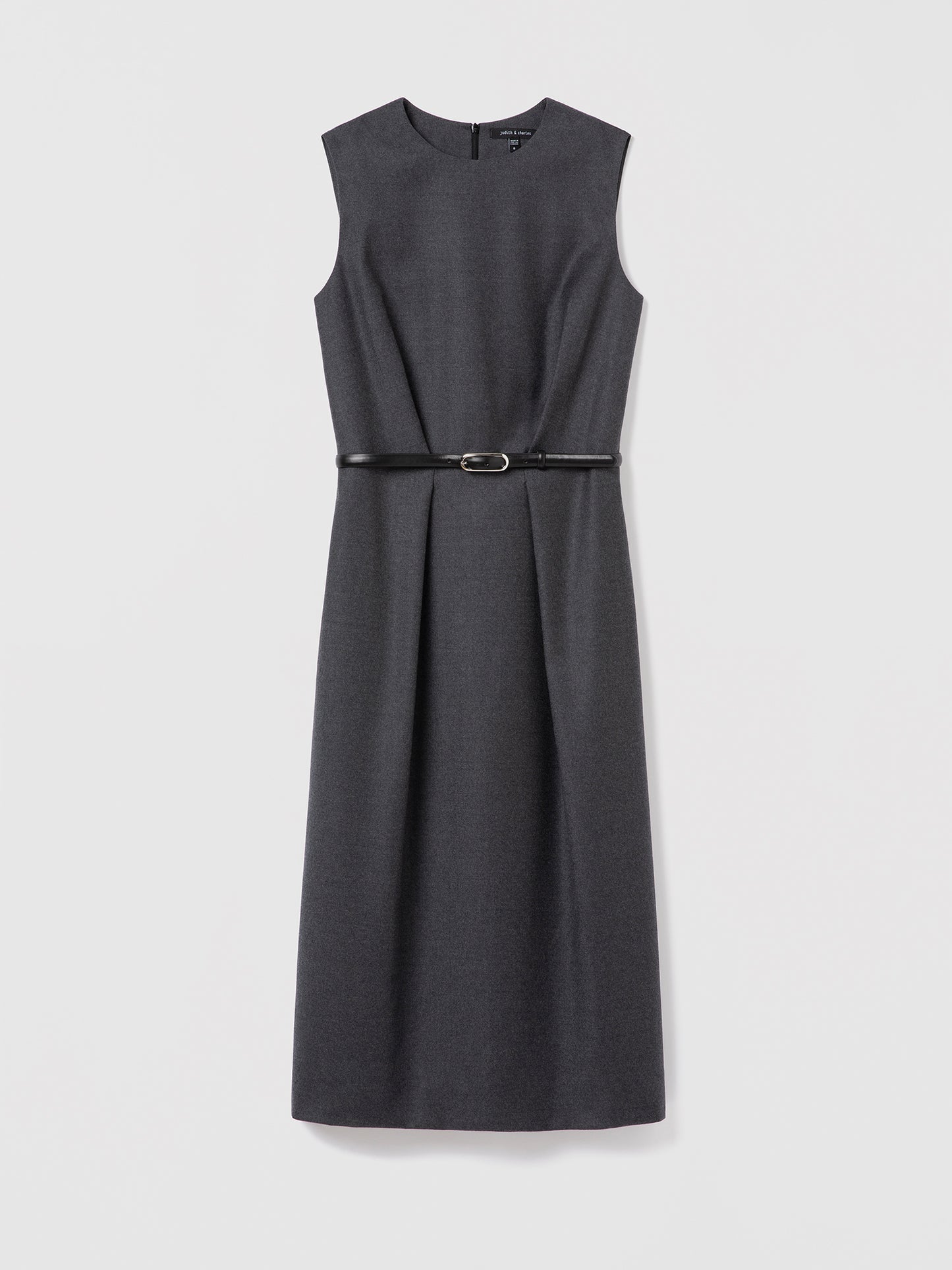 Dark Grey Melange sleeveless wool dress with crew neck, leather belt, and back slit — Judith & Charles.